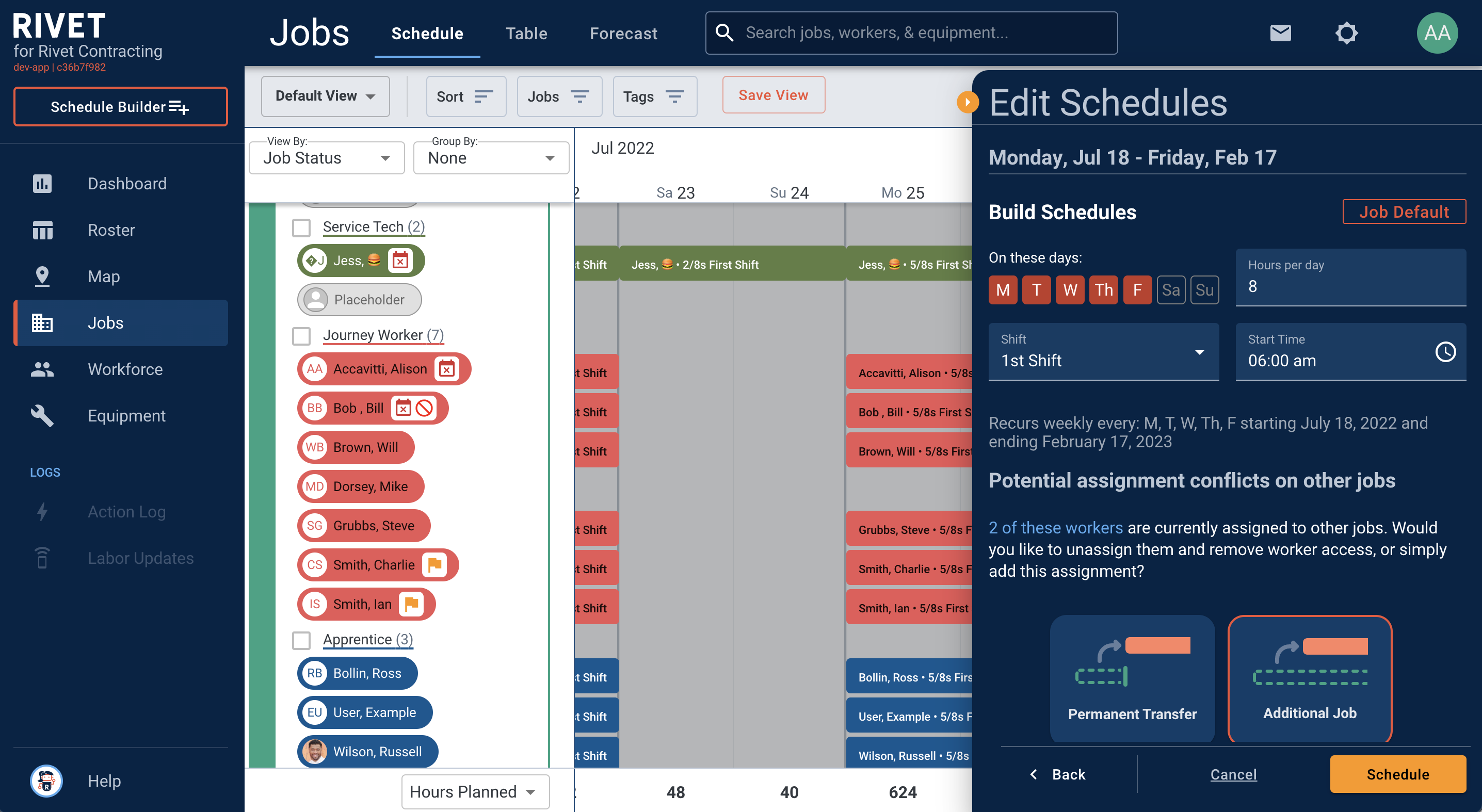 Schedule Builder - Transfer or Add Job